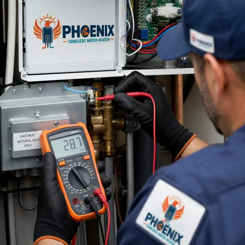 A technician testing water heater gas valve and thermocouple connections with a multimeter and leak-detection solution
