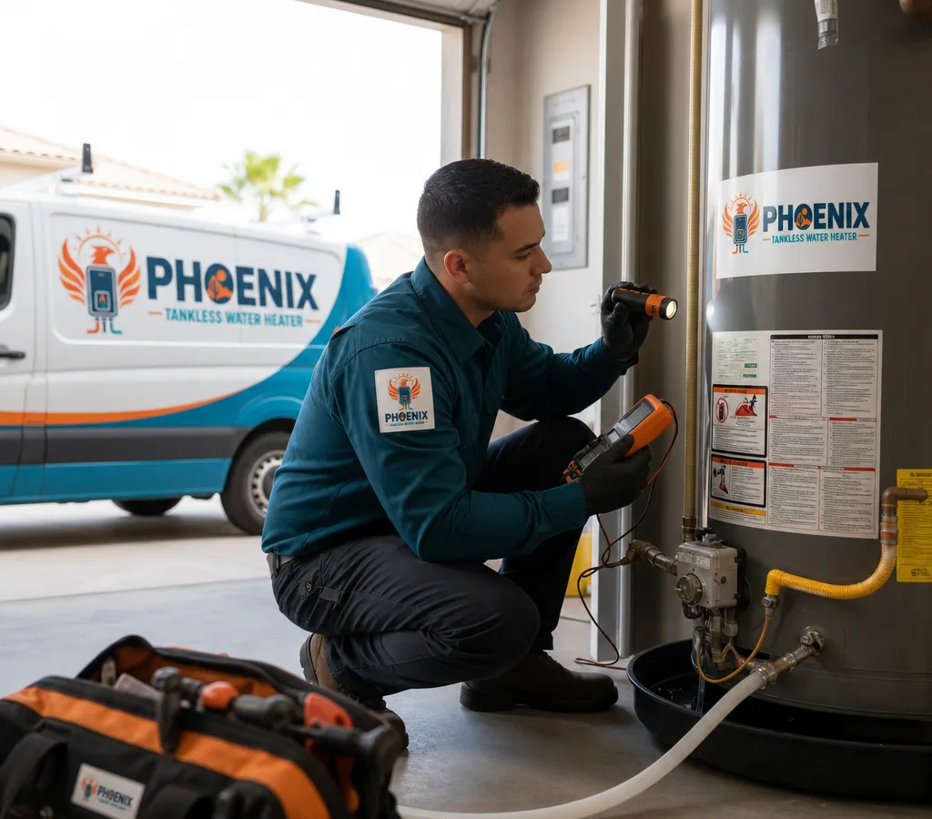 A technician inspecting a residential water heater in a Phoenix-area garage with a flashlight and meter