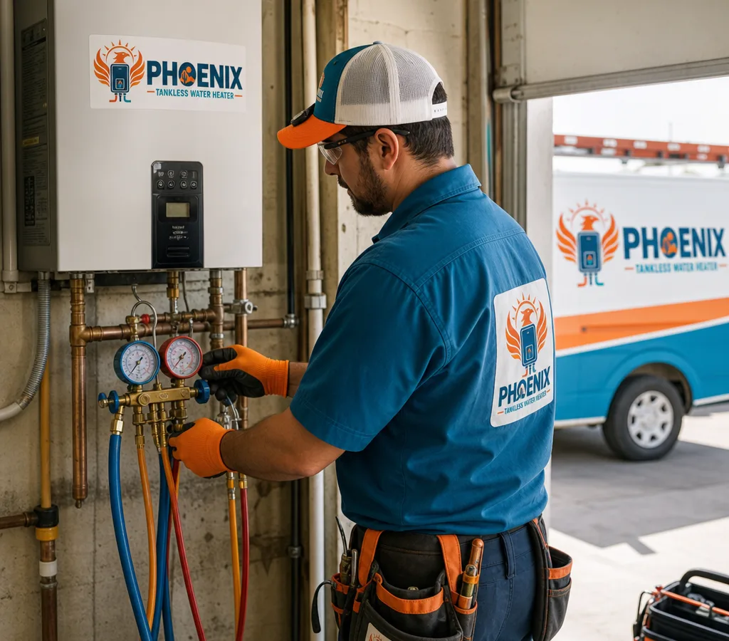 Technician inspecting a wall-mounted tankless water heater in a Phoenix-area home