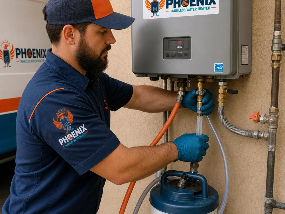 Technician flushing and descaling a tankless water heater with service hoses and isolation valves