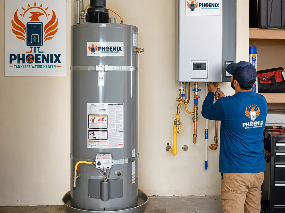 A tank water heater and wall-mounted tankless unit shown side by side in a Phoenix garage, including their different footprints and connections