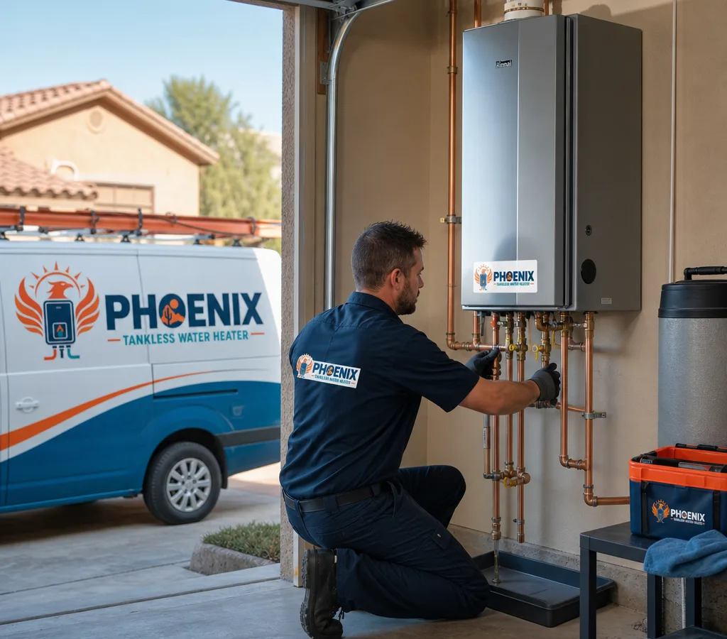 A plumber installing a modern water heater with tidy copper piping and a drip pan in a Phoenix-area garage