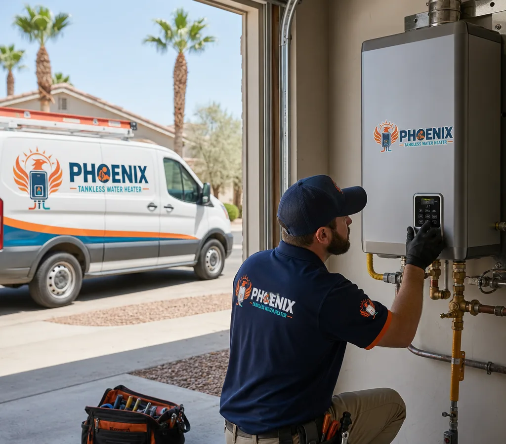 Licensed technician inspecting a residential gas water heater in a Phoenix garage with visible gas and vent connections