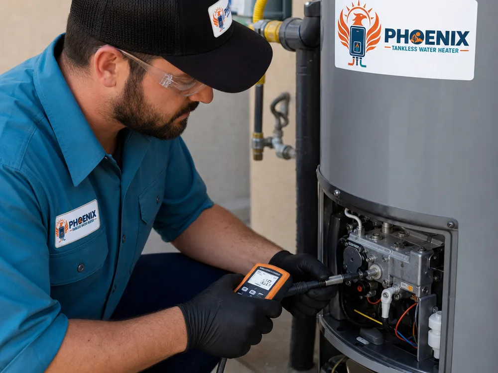 Technician checking burner and ignition components on a gas-fired storage water heater