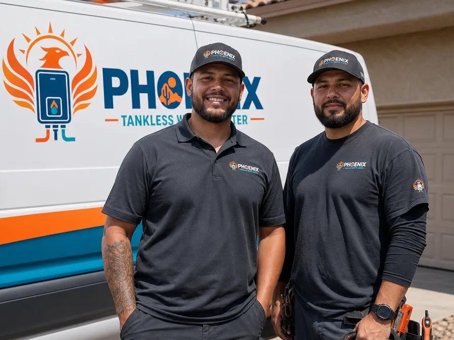 Phoenix tankless water heater technicians beside their service van in a residential driveway